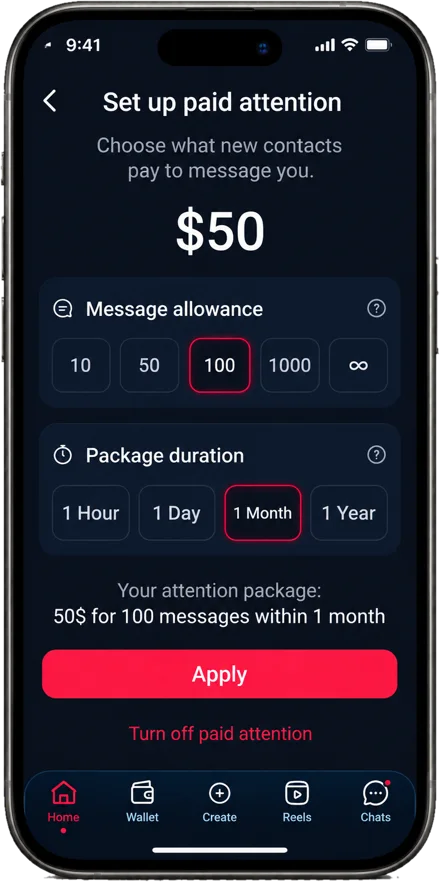 Pricing screen: what new contacts pay to message you, as a package of messages over a set period