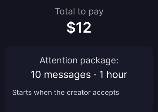 Payment sheet showing the total to pay and a package of 10 messages for 1 hour